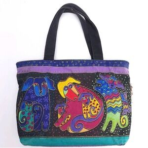 Dogs & Doggies Laurel Burch‎ Small Canvas Purse Tote Multicolor Handbag Vintage